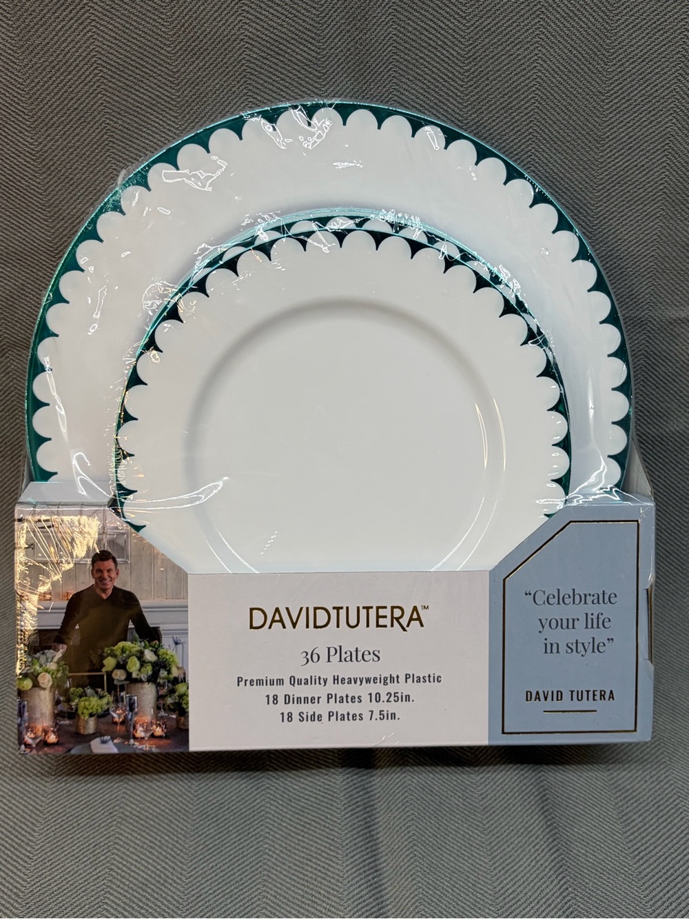 David Tutera set of 36 plates heavyweight plastic w/ turquoise scallop edges